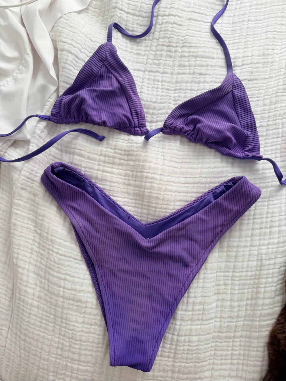 Frankie's Bikinis Purple Ribbed V‑Front Triangle Bikini Set